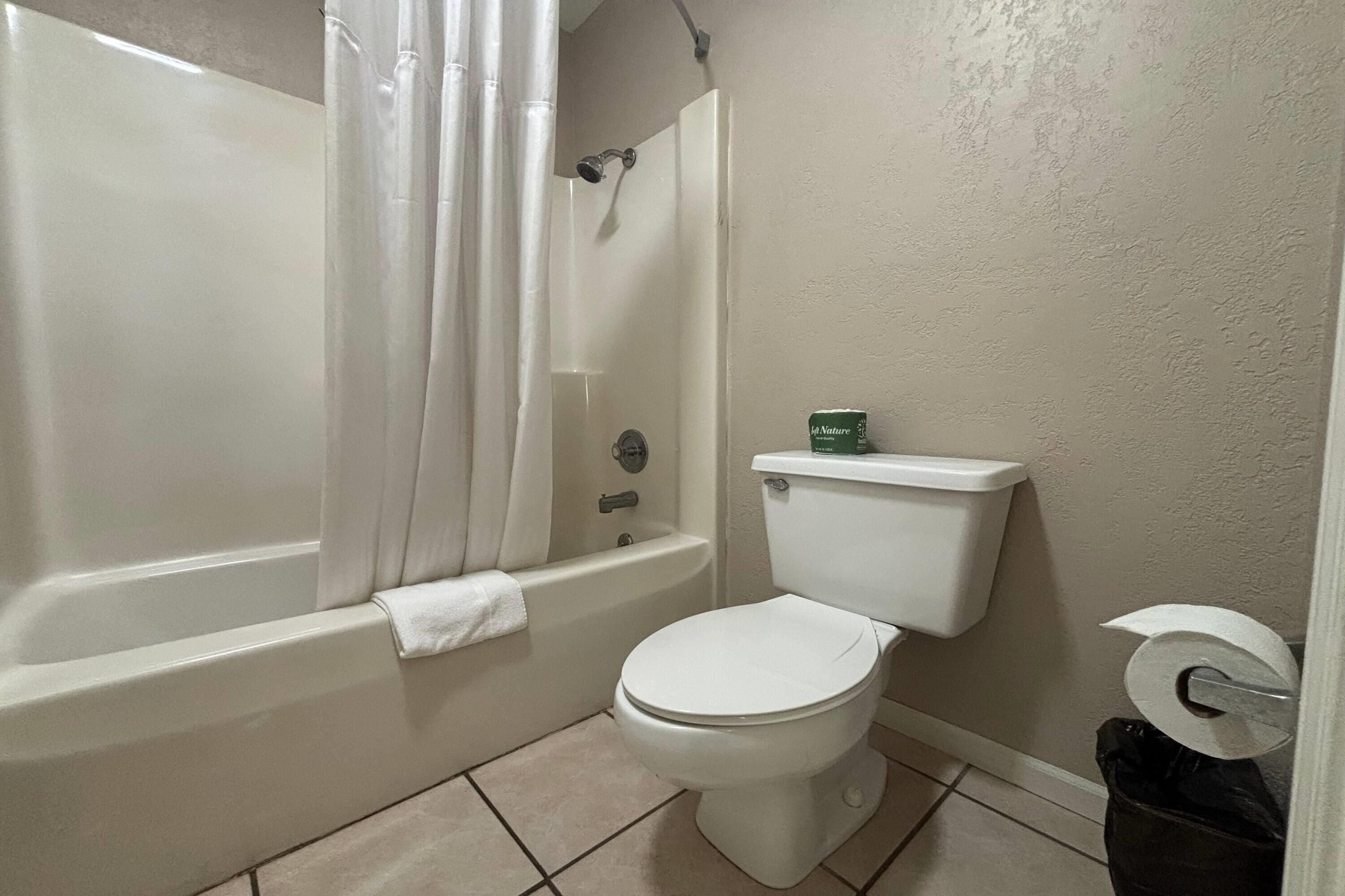 Combined shower/tub, free toiletries, hair dryer, towels