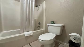 Combined shower/tub, free toiletries, hair dryer, towels