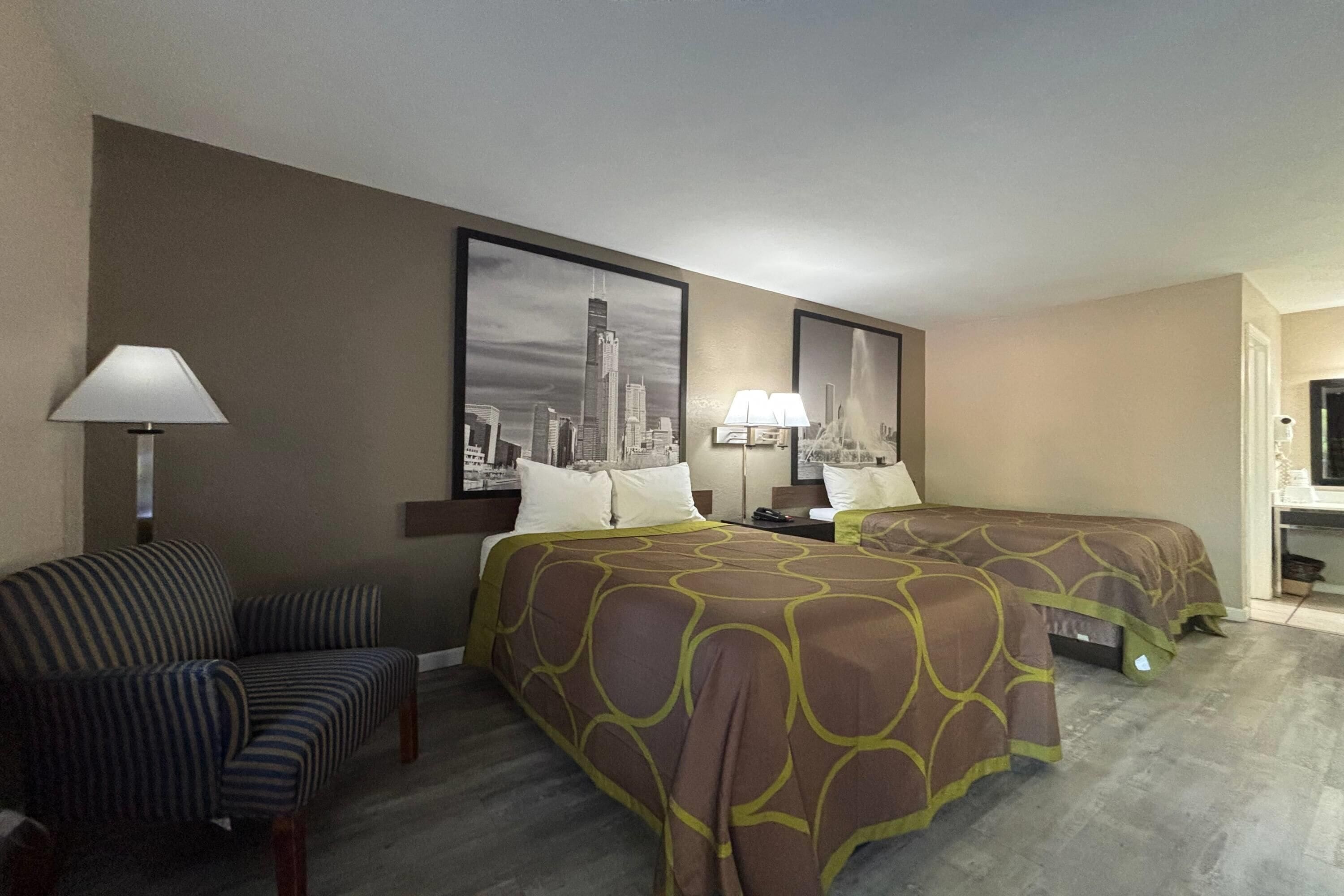 Desk, blackout drapes, iron/ironing board, free cribs/infant beds