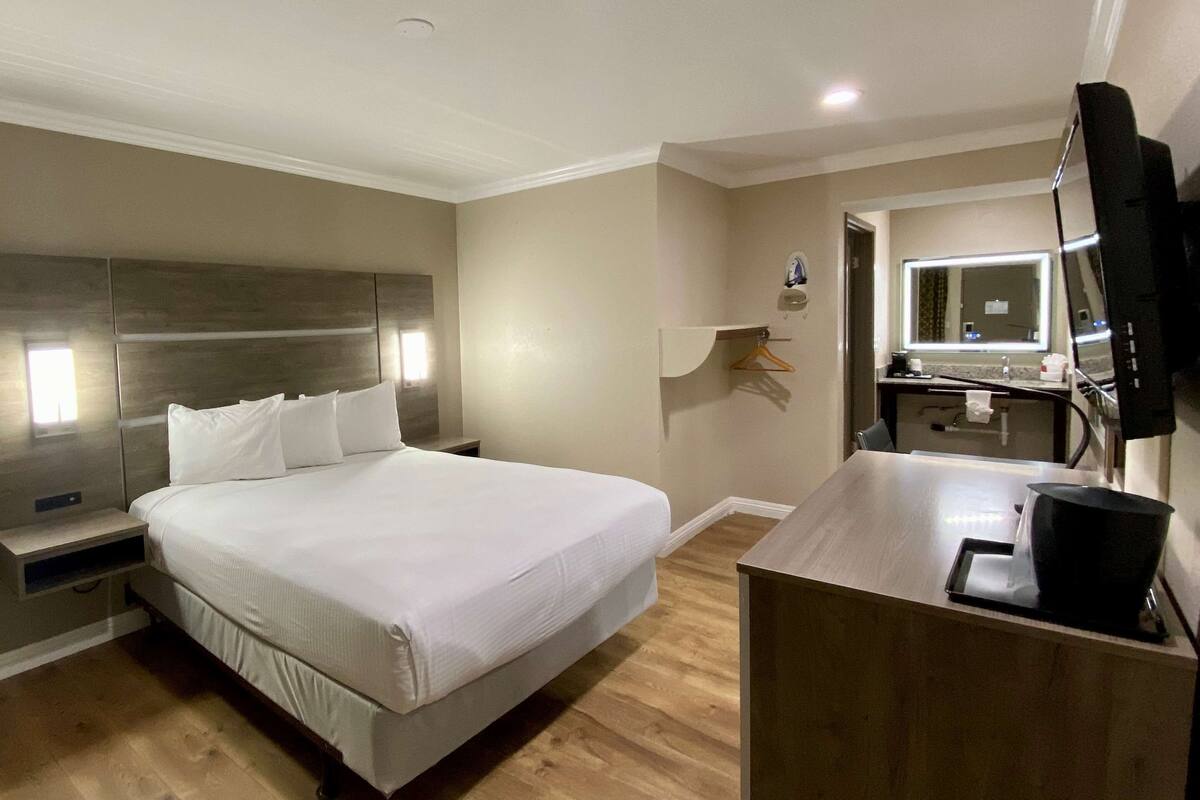 Habitación de hotel con una cama grande, mesitas de noche, un escritorio con una silla, un espejo y un televisor.
