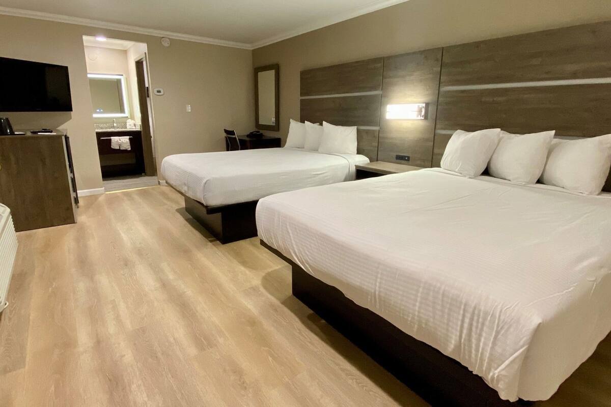 Habitación de hotel con dos camas, televisión, escritorio y espejo.