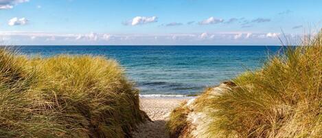 On the beach, sun loungers, beach umbrellas, beach towels