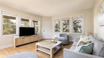 A living room with a television on a wooden cabinet, a grey sofa, and a coffee table with a book and vase.