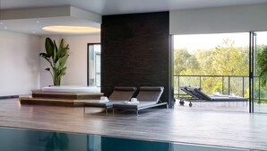 A modern indoor pool area with lounge chairs, a large potted plant, and a view of the outdoors.