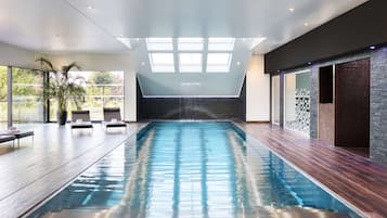 Indoor pool, open 1:00 PM to 9:00 PM, sun loungers