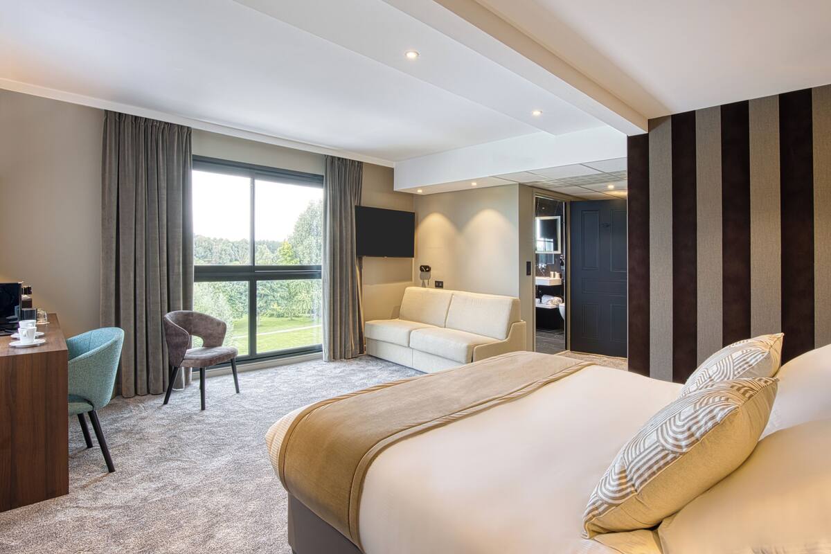 A hotel room with a large bed, a desk, a chair, a sofa, and a TV.