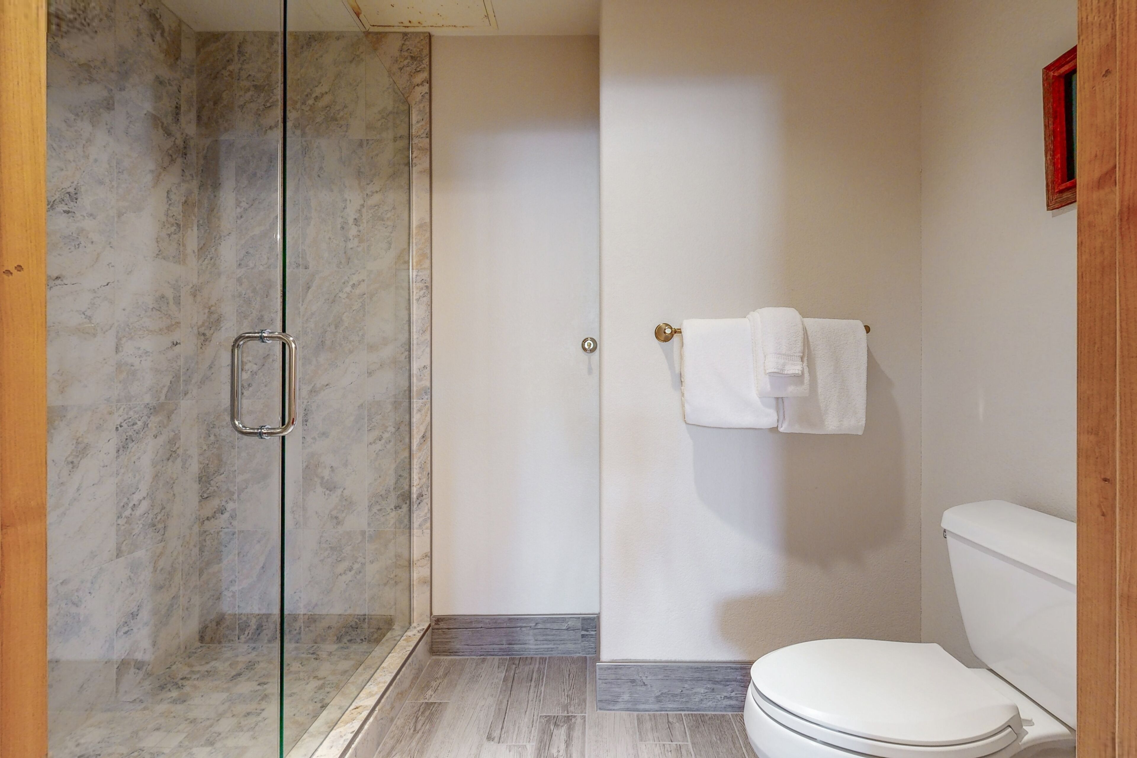 A bathroom with a glass-enclosed shower, a white toilet, and a towel hanging on the wall.