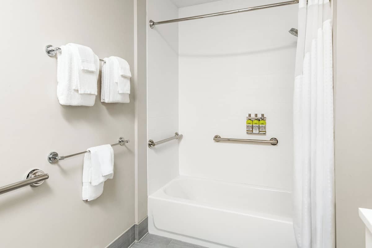 standard room, 2 queen beds, mobility accessible (communications, access tub) | bathroom | free toiletries, hair dryer