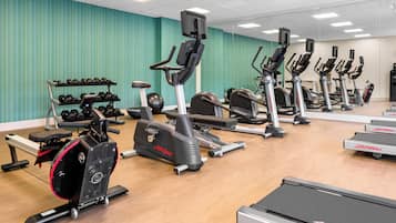 Un gimnasio con máquinas de cardio, mancuernas y una banca.
