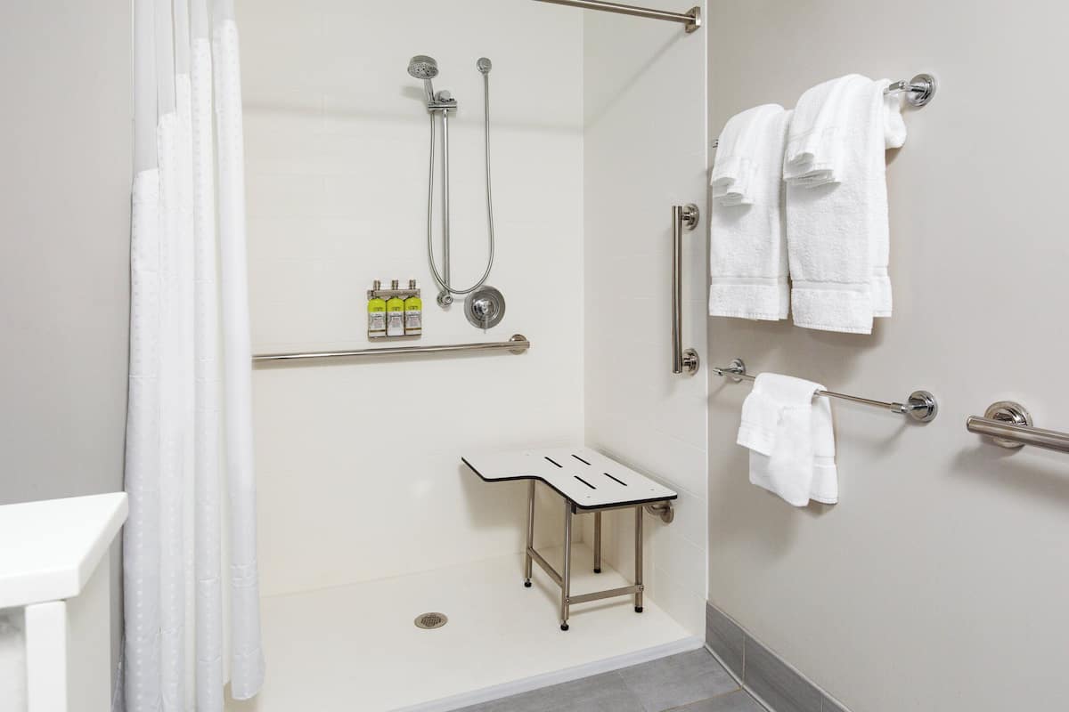suite, 1 king bed, mobility accessible (communications, roll-in shower) | bathroom | free toiletries, hair dryer