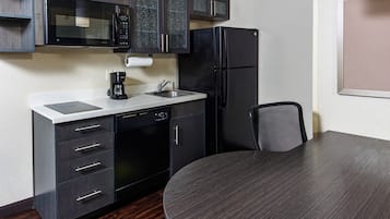 Fridge, microwave, stovetop, coffee/tea maker