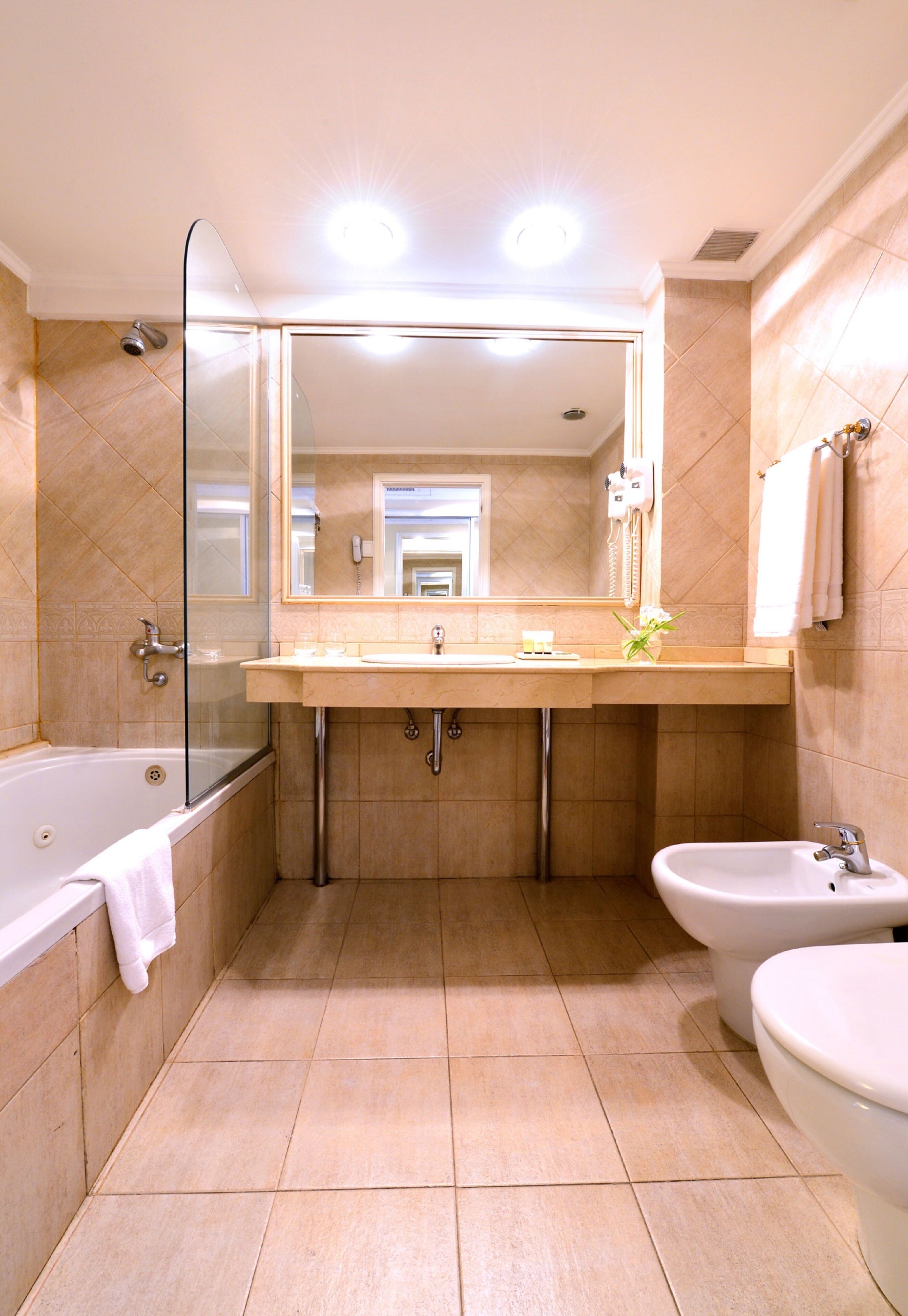 free toiletries, hair dryer, bidet, towels