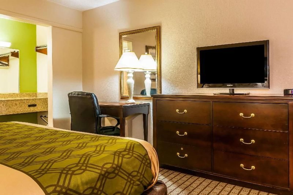 Quarto de hotel com cama, escrivaninha, cadeira, televisão e cómoda.