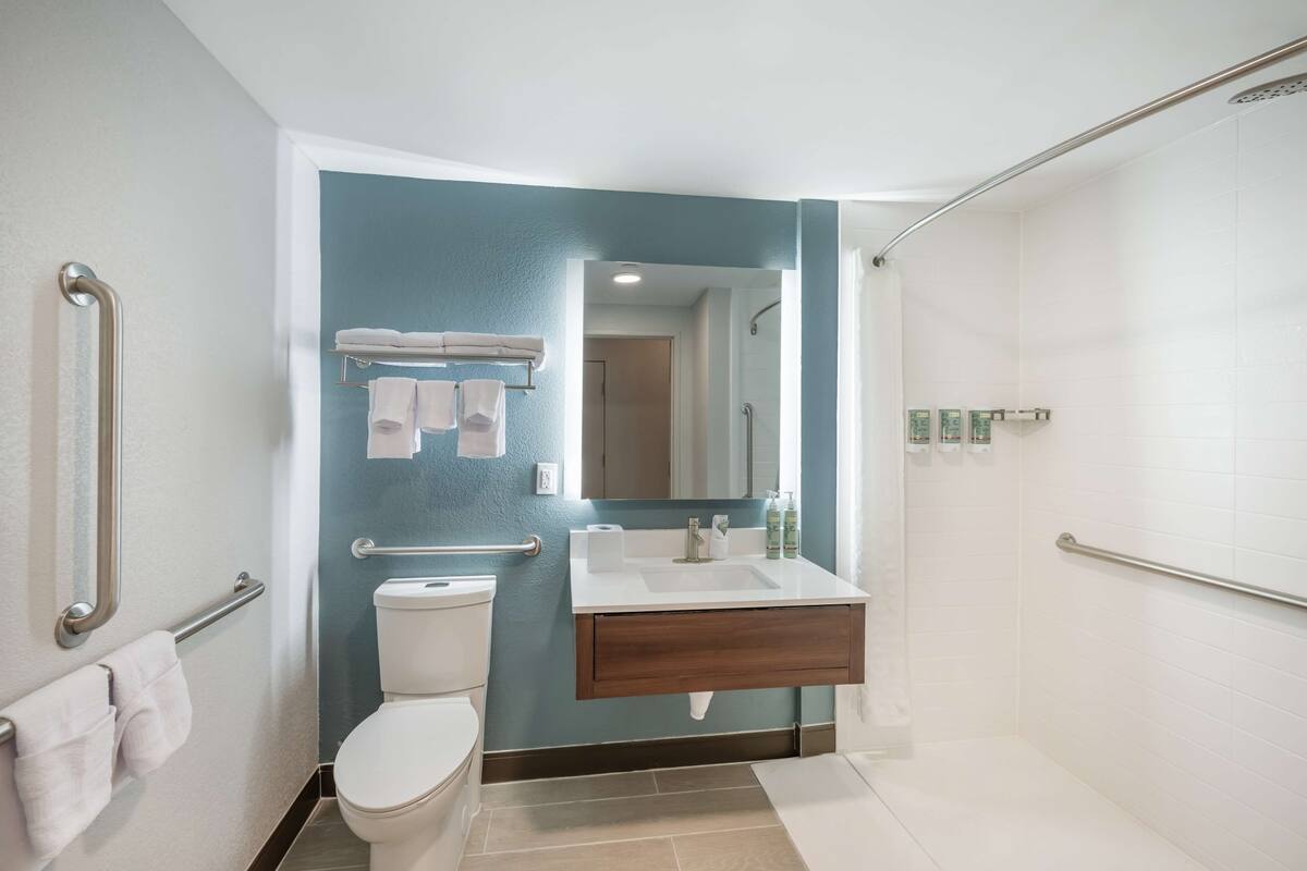 combined shower/bathtub, hydromassage showerhead, free toiletries