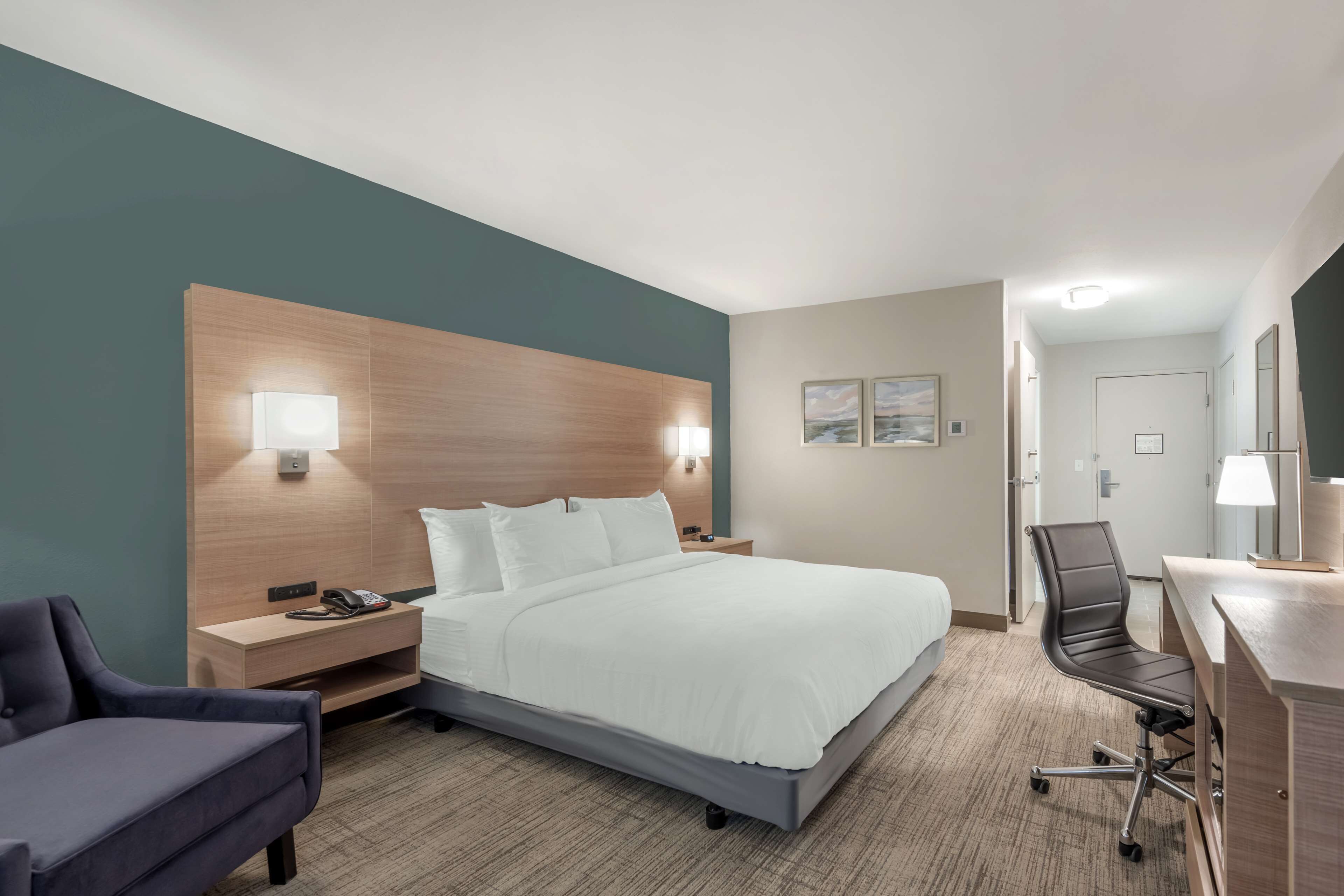 Quarto standard, 1 cama King, acessível, geladeira e micro-ondas | Roupas de cama antialérgicas, escrivaninha