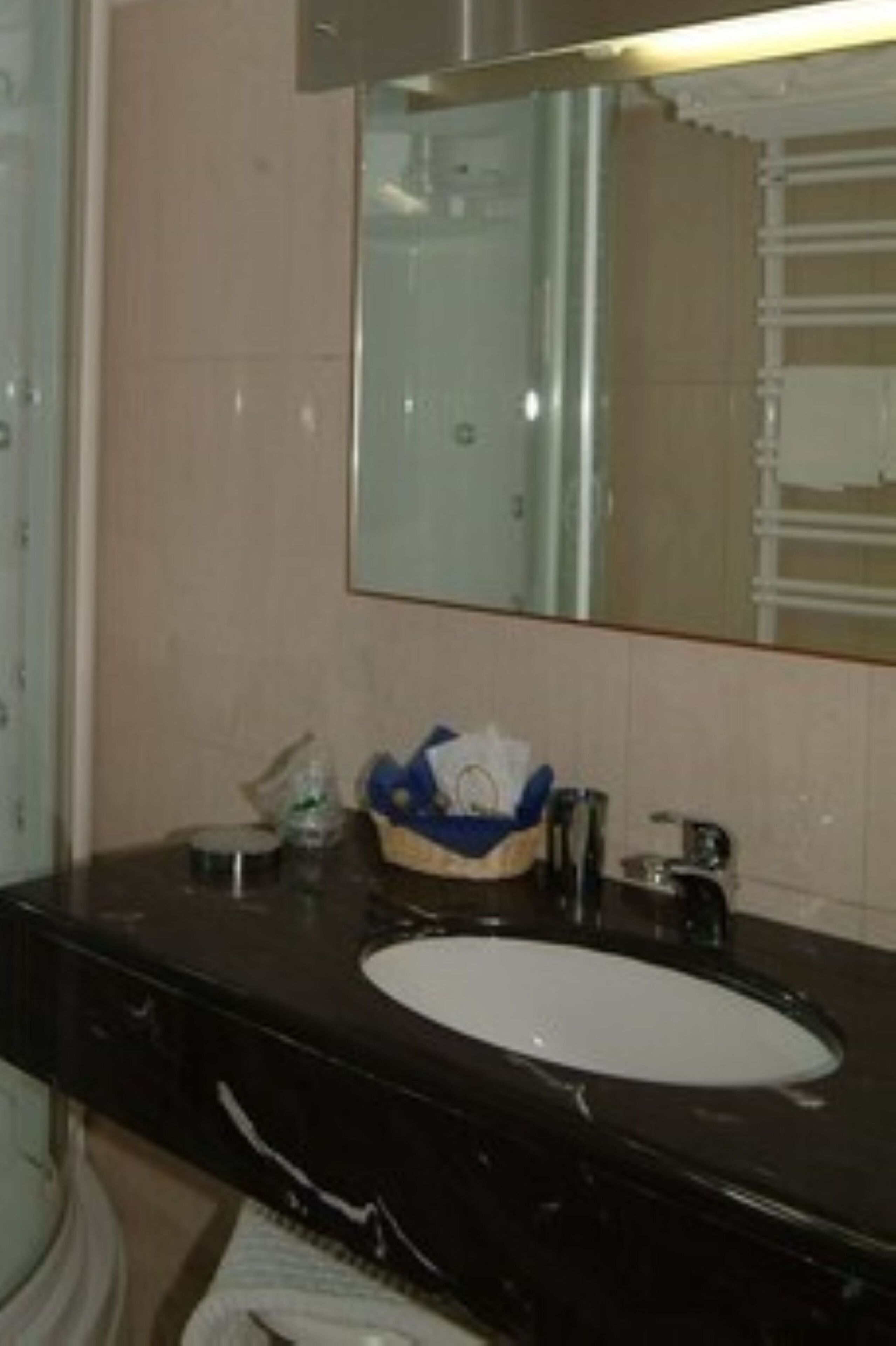 hair dryer, slippers, bidet, towels