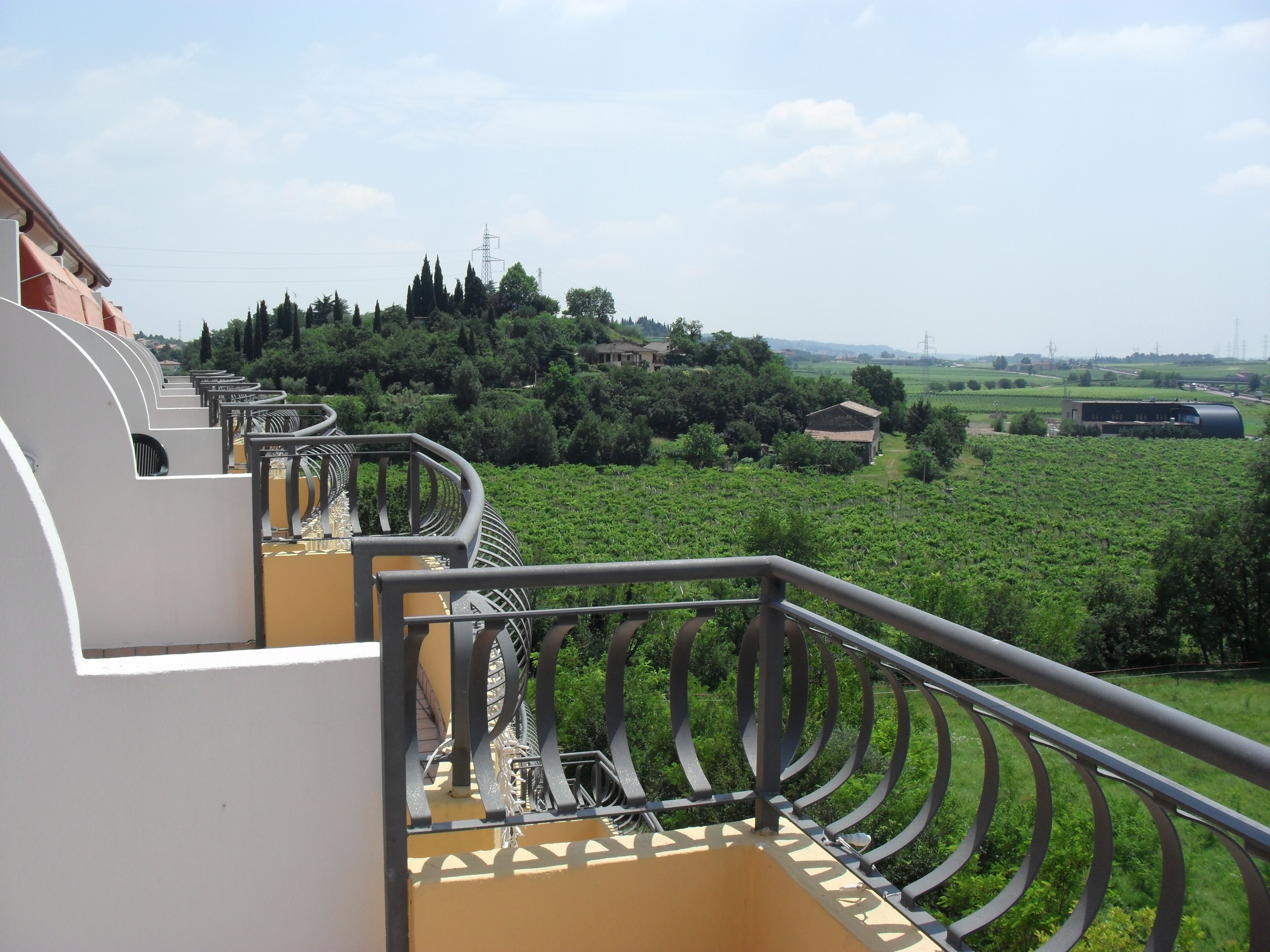 A balcony with a metal railing overlooking a vineyard and distant buildings.