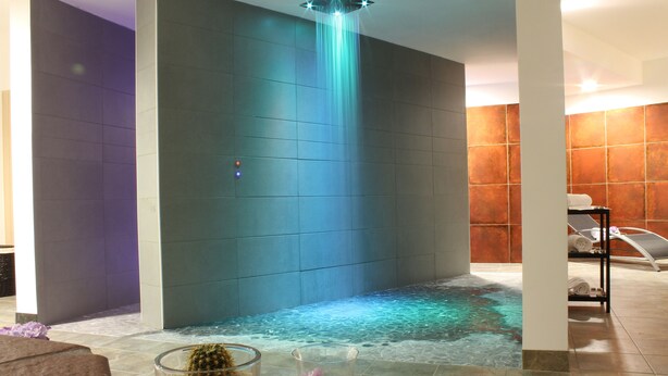 Un espacio de spa moderno con una fuente de agua, una mesa de vidrio con un cactus y una silla de lounge.