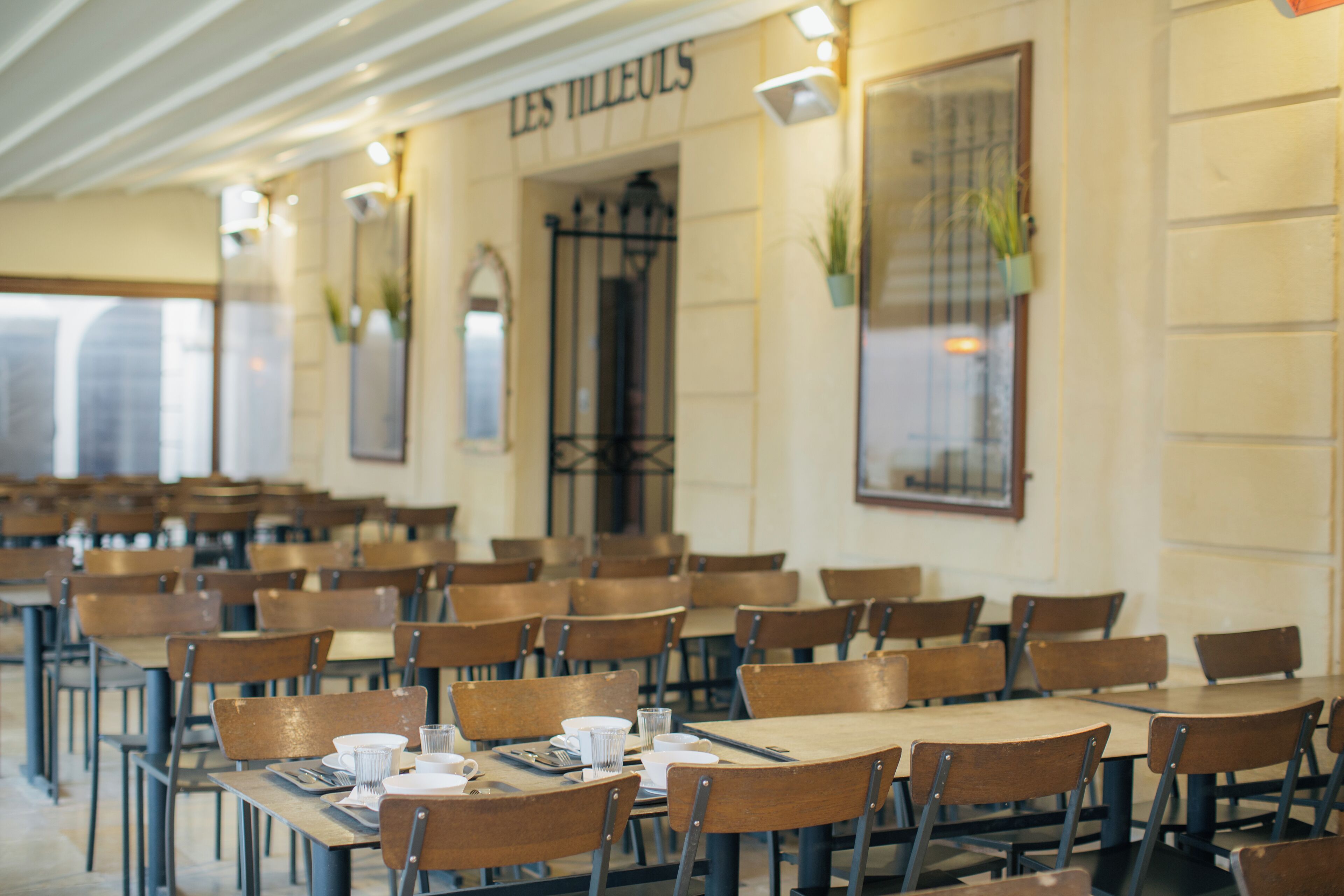 A dining area with rows of tables and chairs, a sign reading "LES TILLEULS", and potted plants on the walls.