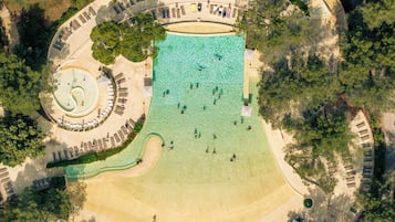 Seasonal outdoor pool, pool umbrellas, pool loungers