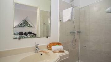 Une salle de bain avec un lavabo, un miroir et une douche.