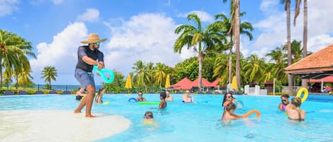 Outdoor pool, pool umbrellas, pool loungers