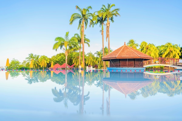 Outdoor pool, pool umbrellas, pool loungers