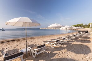 Une plage bordée de rangées de chaises longues et de parasols, un ciel dégagé et une mer calme.