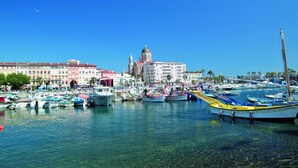 Un port de plaisance avec des bateaux amarrés, un bâtiment imposant surmonté d’un dôme, et un ciel bleu azur.