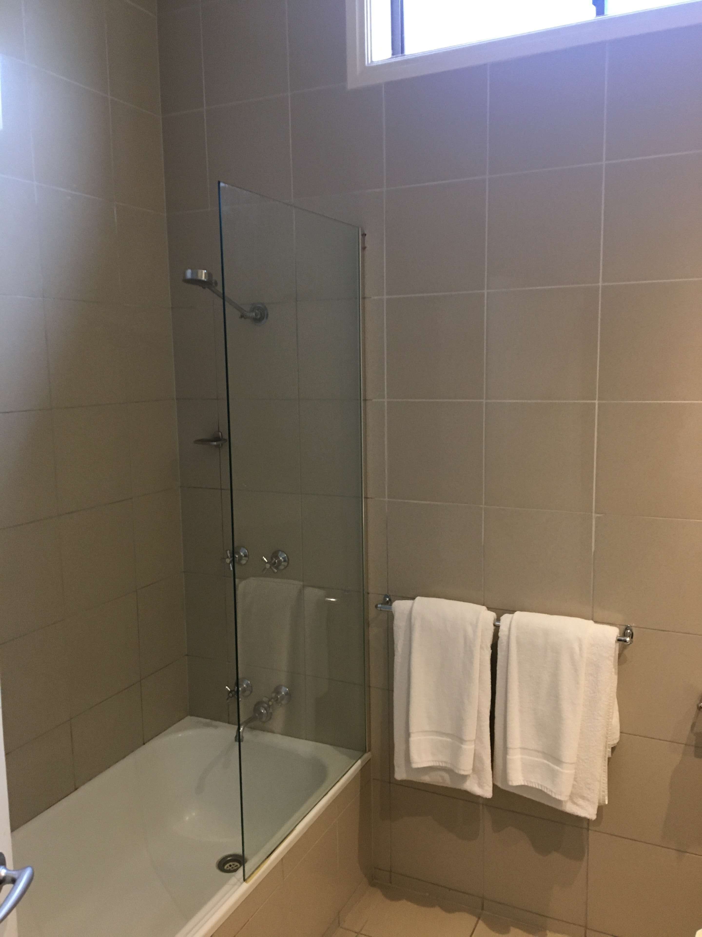 combined shower/bathtub, free toiletries, hair dryer, towels
