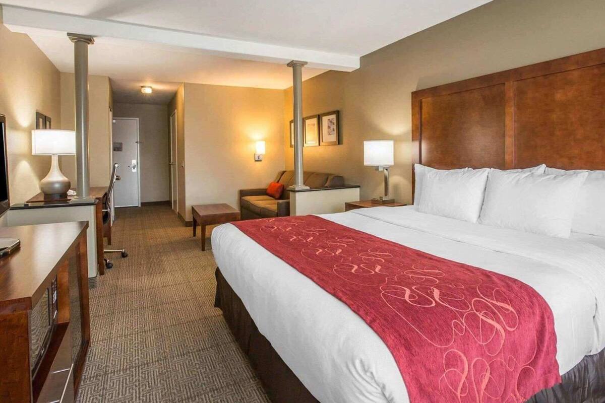 A hotel room with a large bed, a desk, a chair, a sofa, and a door leading to a hallway.