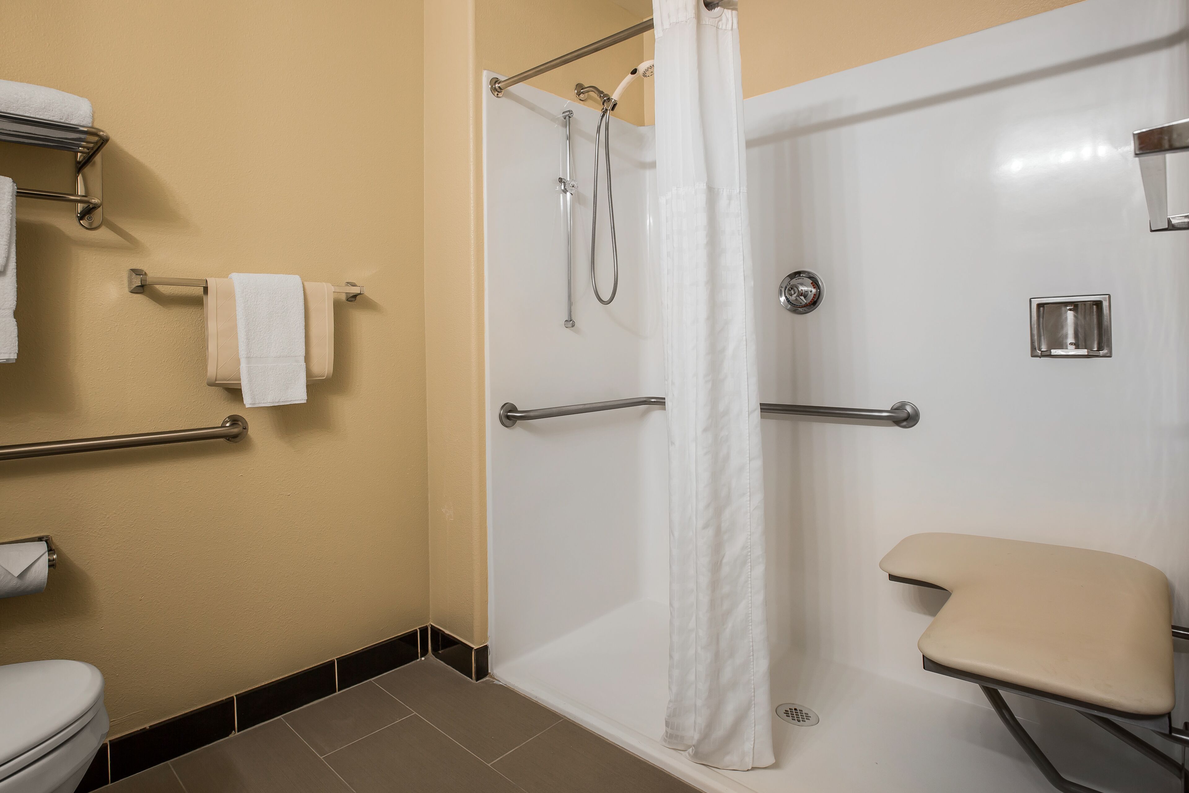 A bathroom with a shower, toilet, and grab bars.
