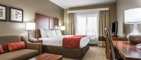 Premium bedding, desk, blackout drapes, iron/ironing board