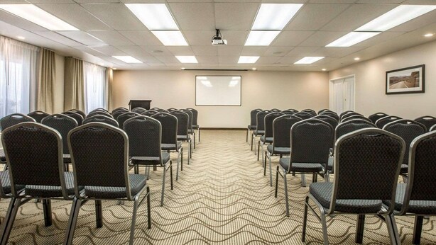 Une salle de conférence avec des rangées de chaises, un écran de projection et un sol recouvert de moquette.