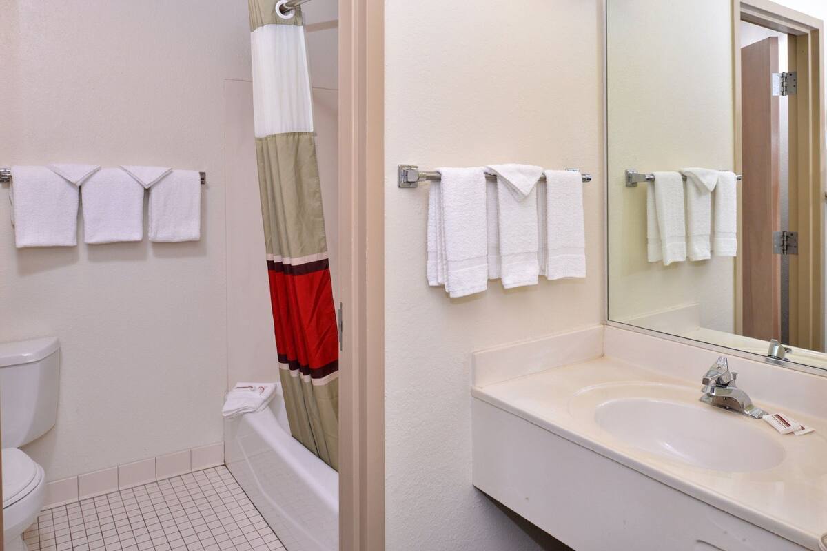 A bathroom with a bathtub, a toilet, a sink, and a mirror.