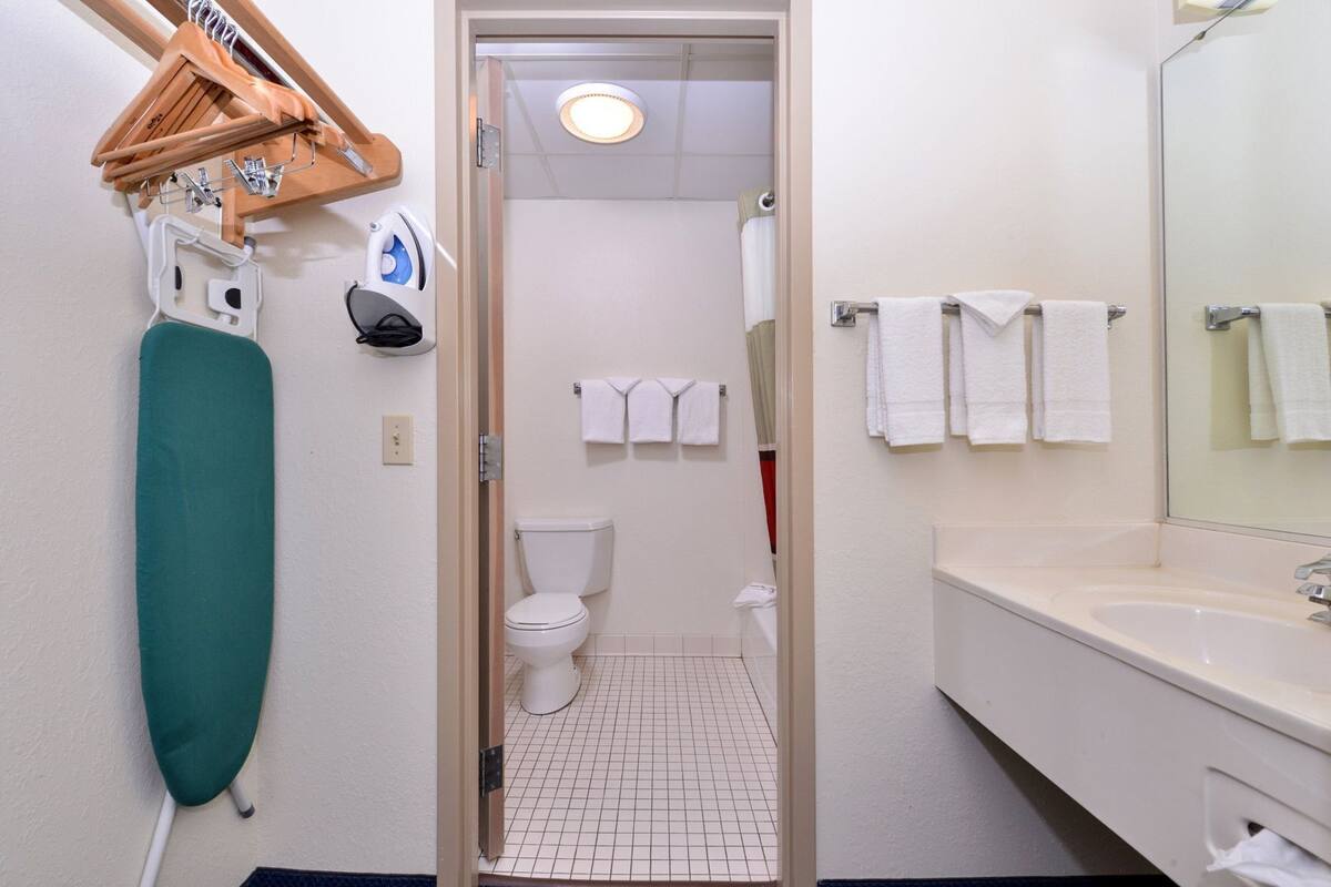 A bathroom with a toilet, a sink, a mirror, and a towel rack.