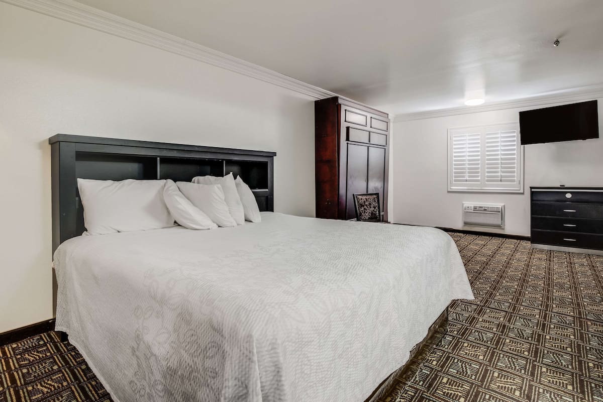 Suite, 1 King Bed, Non Smoking | Desk, laptop workspace, blackout drapes, iron/ironing board