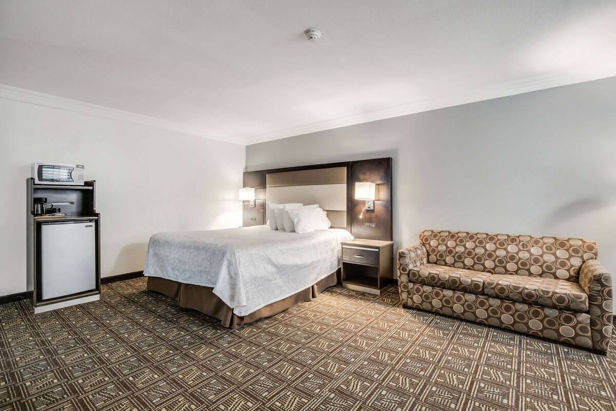 A hotel room with a bed, a bedside table with a lamp, a sofa, a minibar, and patterned carpet.