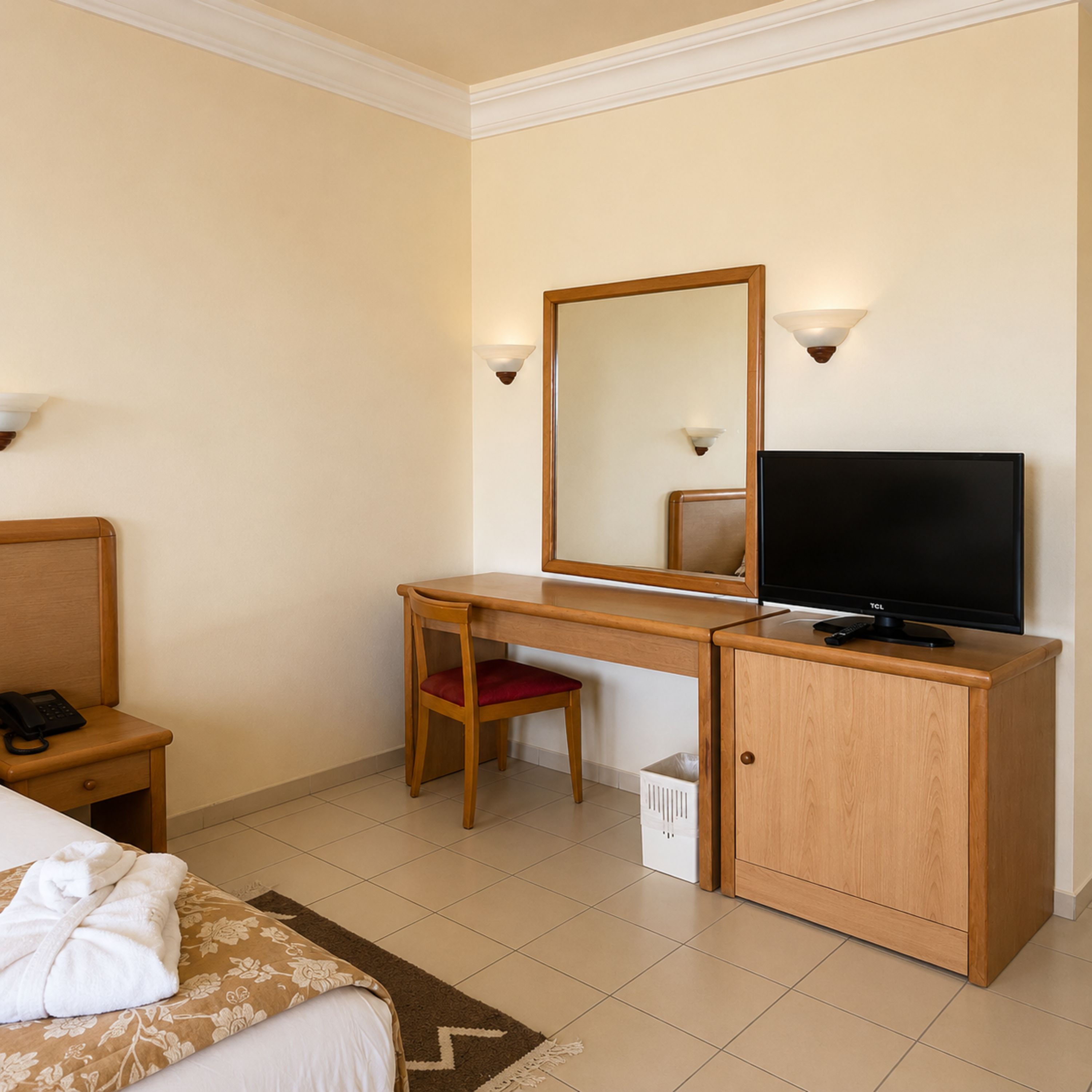 A hotel room with a bed, a desk with a chair, a television, and a telephone.