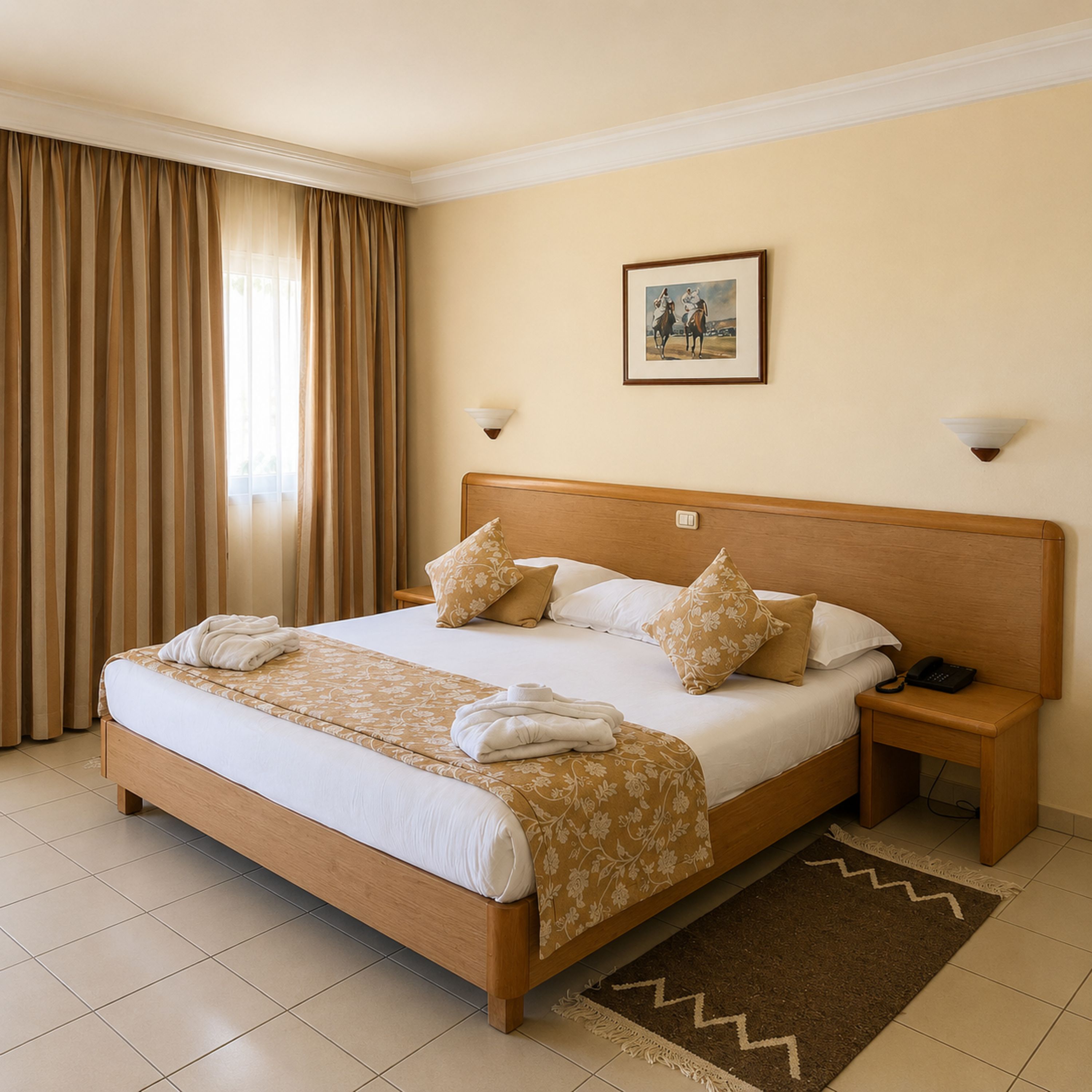 Une chambre d’hôtel avec un grand lit, deux tables de chevet, un tableau encadré au mur et une fenêtre avec des rideaux.