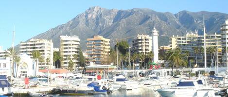 A marina with boats docked, surrounded by buildings and mountains in the background.