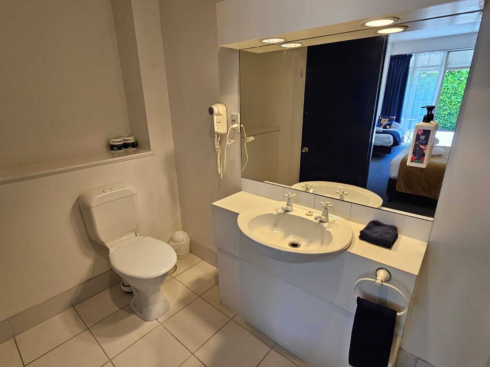 A modern bathroom with a toilet, sink, and mirror.