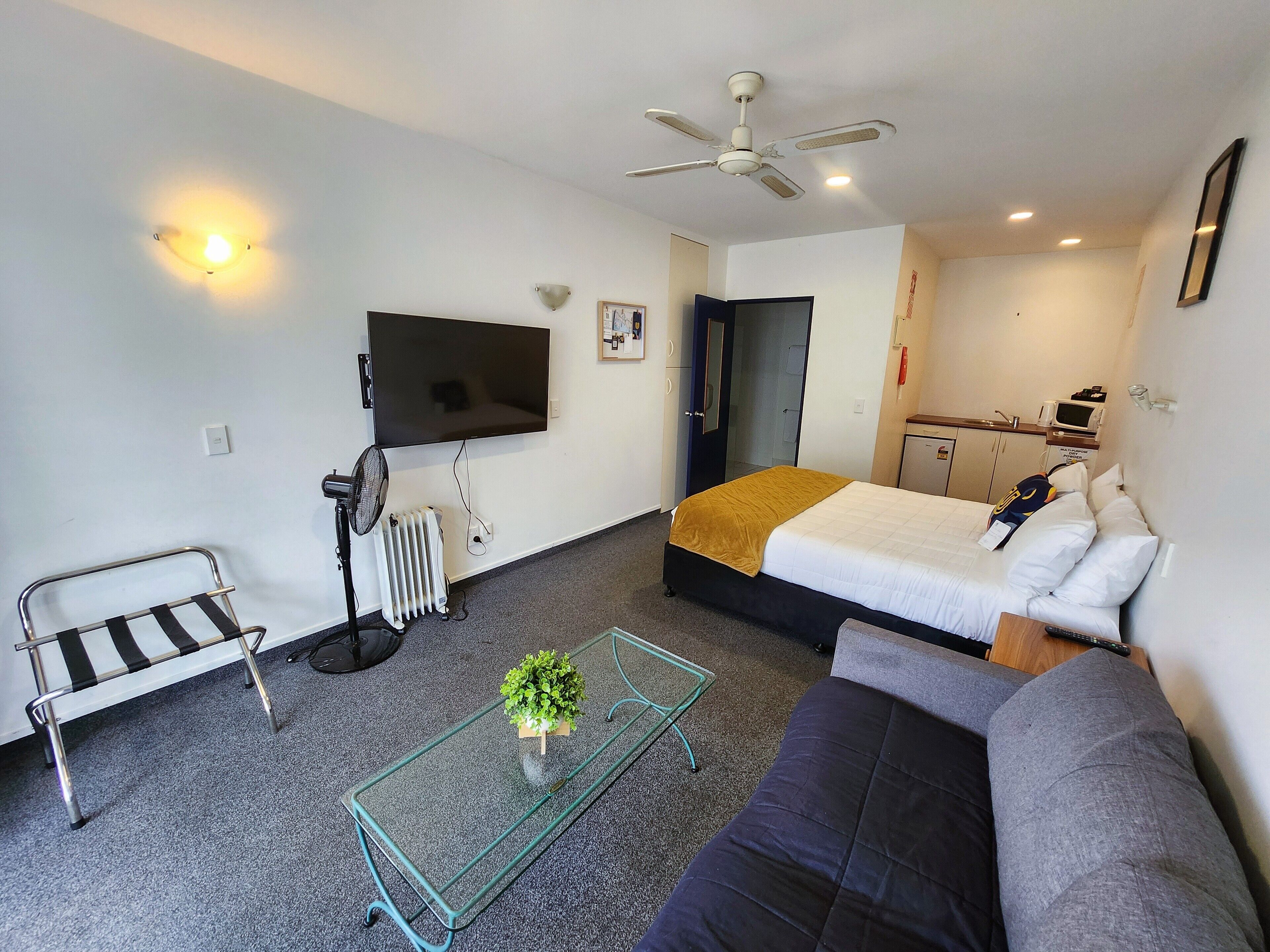 Une chambre d’hôtel moderne comprenant un lit, un canapé, une petite table avec une plante, un radiateur, un ventilateur de plafond, une télévision et un coin cuisine.