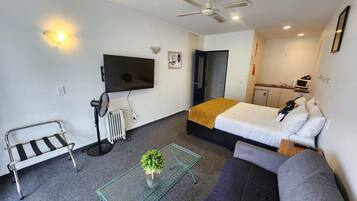Une chambre d’hôtel moderne comprenant un lit, un canapé, une petite table avec une plante, un radiateur, un ventilateur de plafond, une télévision et un coin cuisine.
