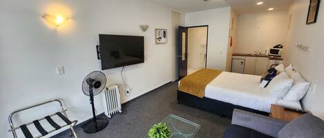 A hotel room with a bed, a sofa, a TV, a fan, a radiator, a small table with a plant, and a kitchenette in the background.