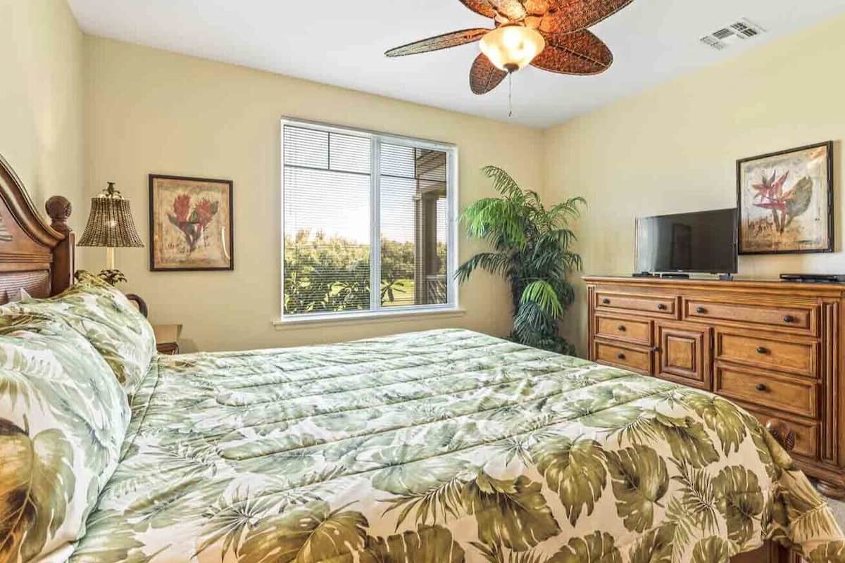 Une chambre à coucher comprenant un lit, une commode en bois, un téléviseur, un ventilateur de plafond et une fenêtre donnant sur un paysage verdoyant.