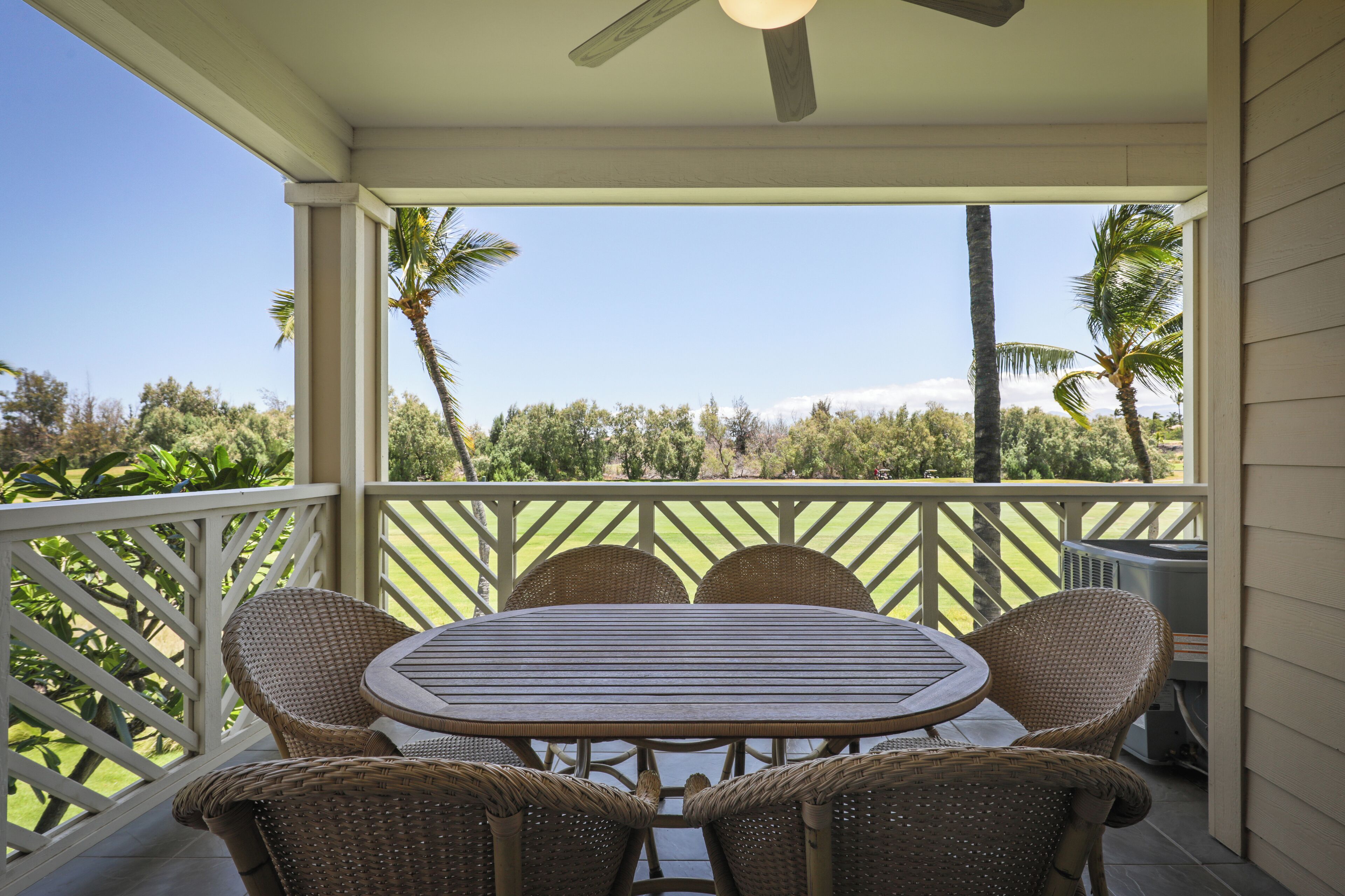 A covered outdoor area with a table and chairs, a ceiling fan, and a view of a green landscape with trees.