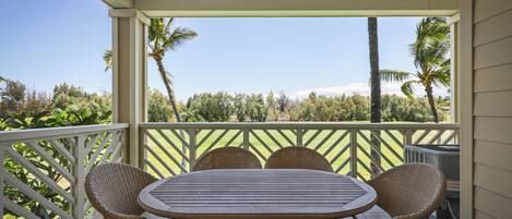 A covered outdoor area with a table and chairs, a ceiling fan, and a view of a green landscape with trees.