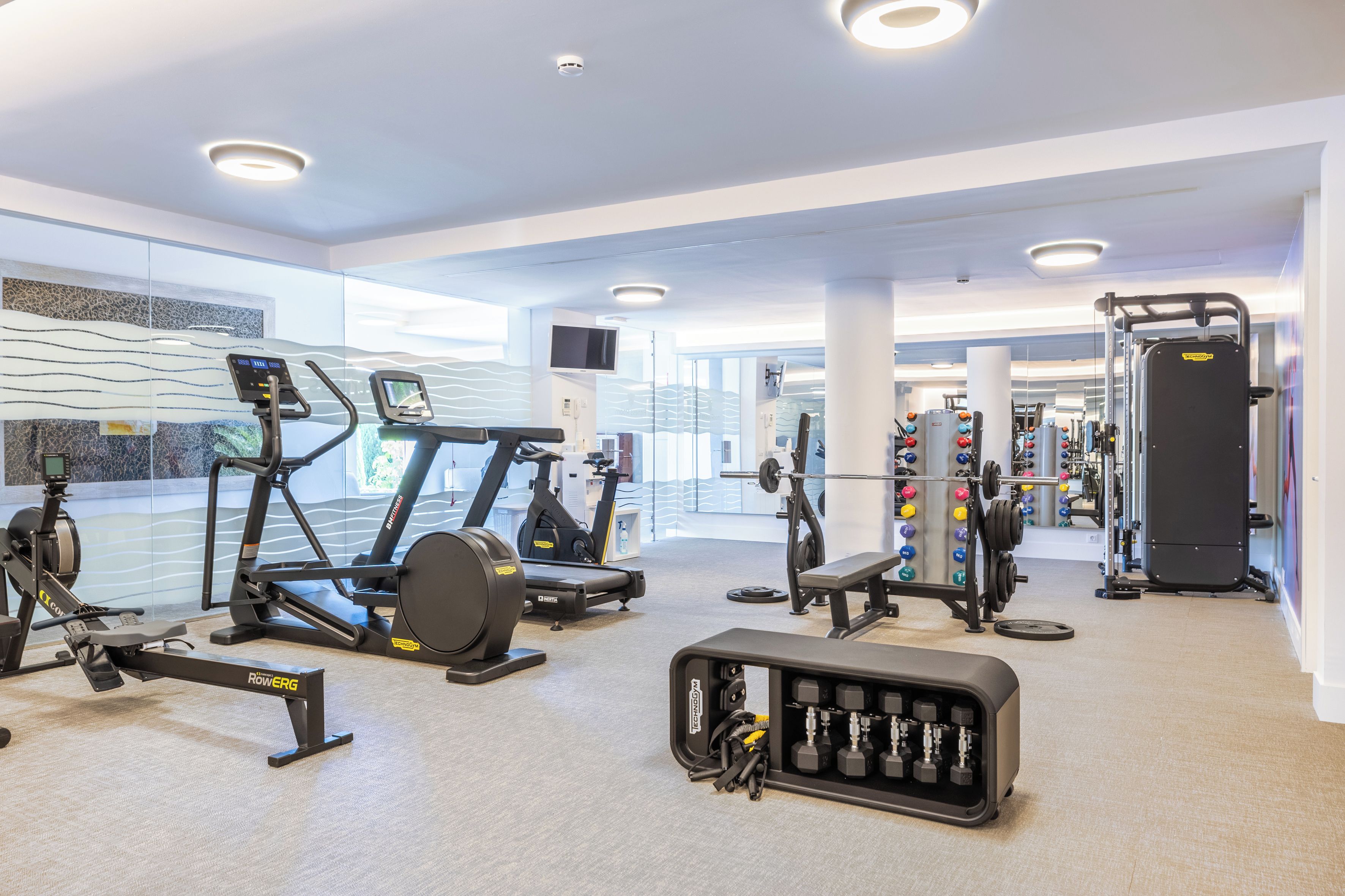 A modern gym with various exercise equipment, including treadmills, a rowing machine, and weightlifting stations.