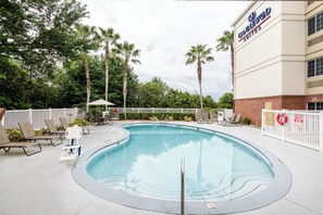 Une piscine dotée de chaises longues et d’un poste de surveillance pour sauveteur, entourée de palmiers et d’un bâtiment sur lequel on peut lire l’inscription « Candlewood Suites ».